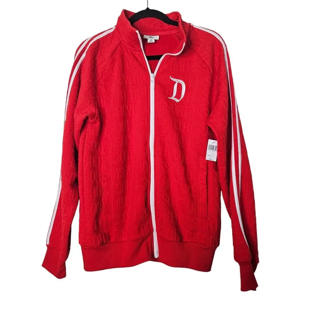 NEW Disney Parks S Red Embossed Logo Full Zip Track Jacket Stripe Disneyland